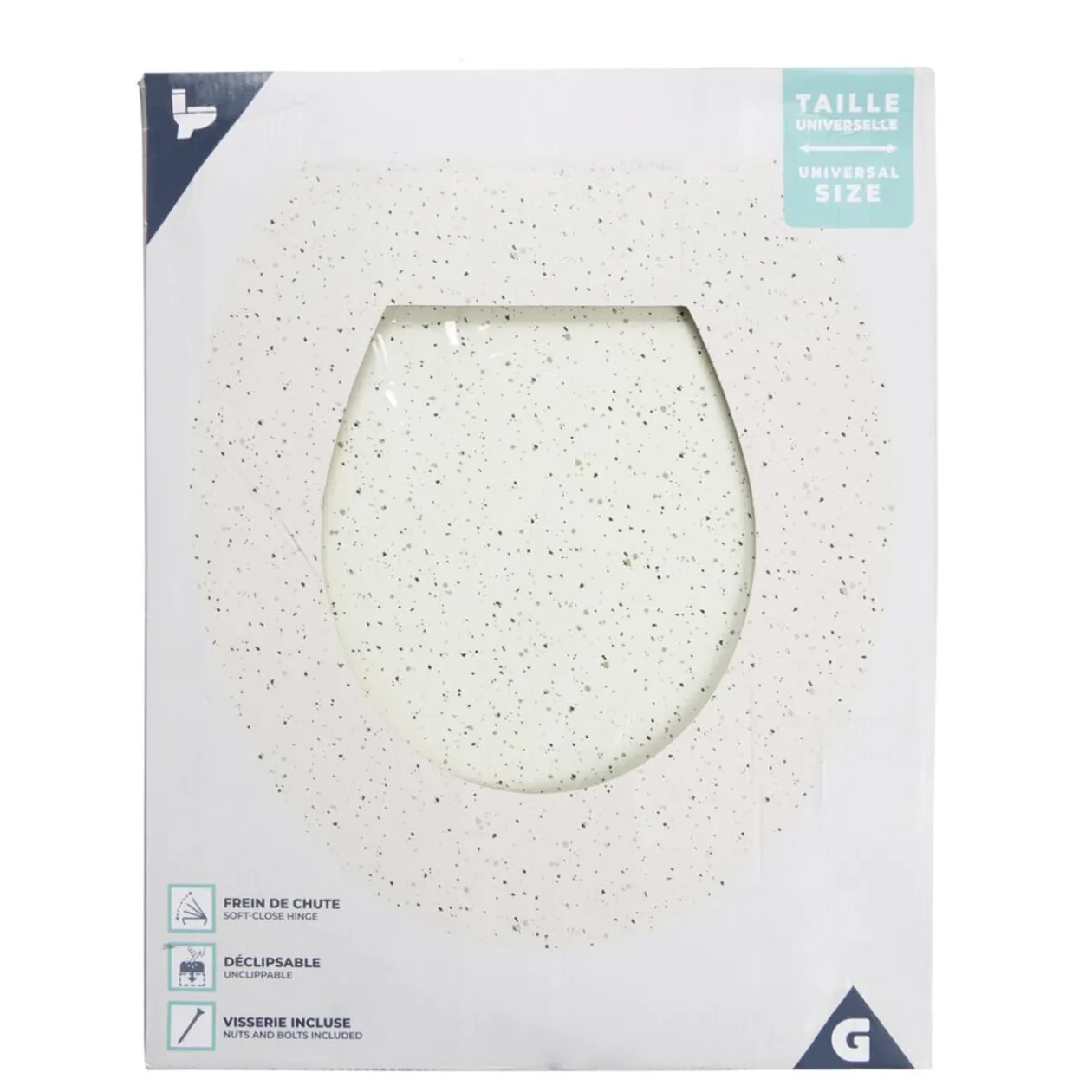 Abattant WC bois blanc motif granit déclipsable frein de chute taille universelle