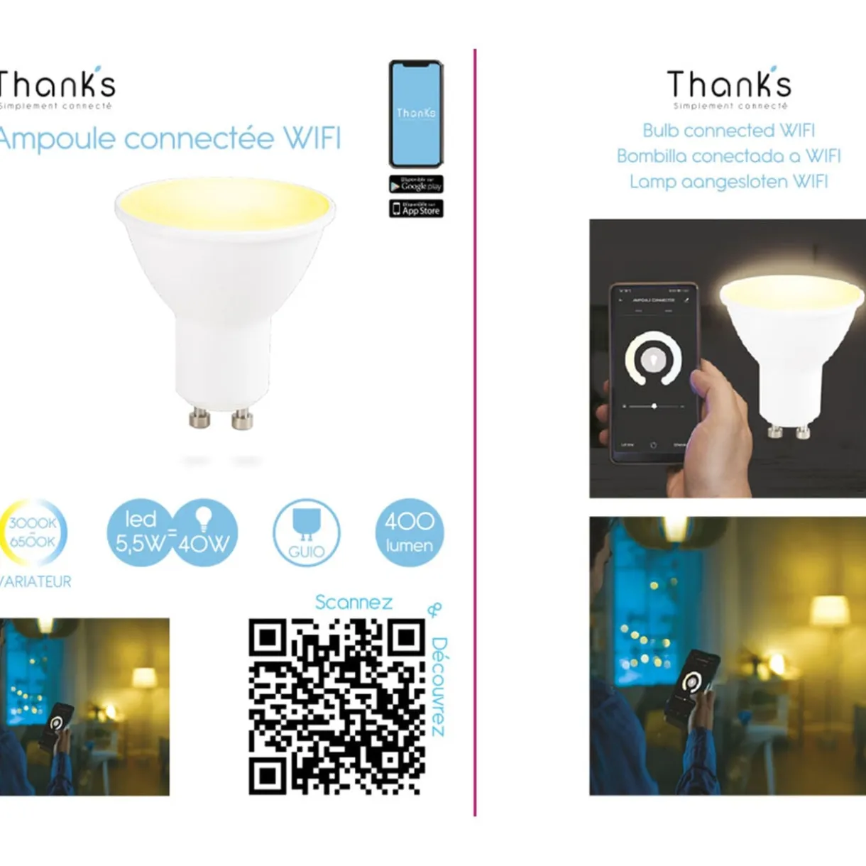 Ampoule LED connectée blanc ajustable GU10 40 W < Gifi Hot