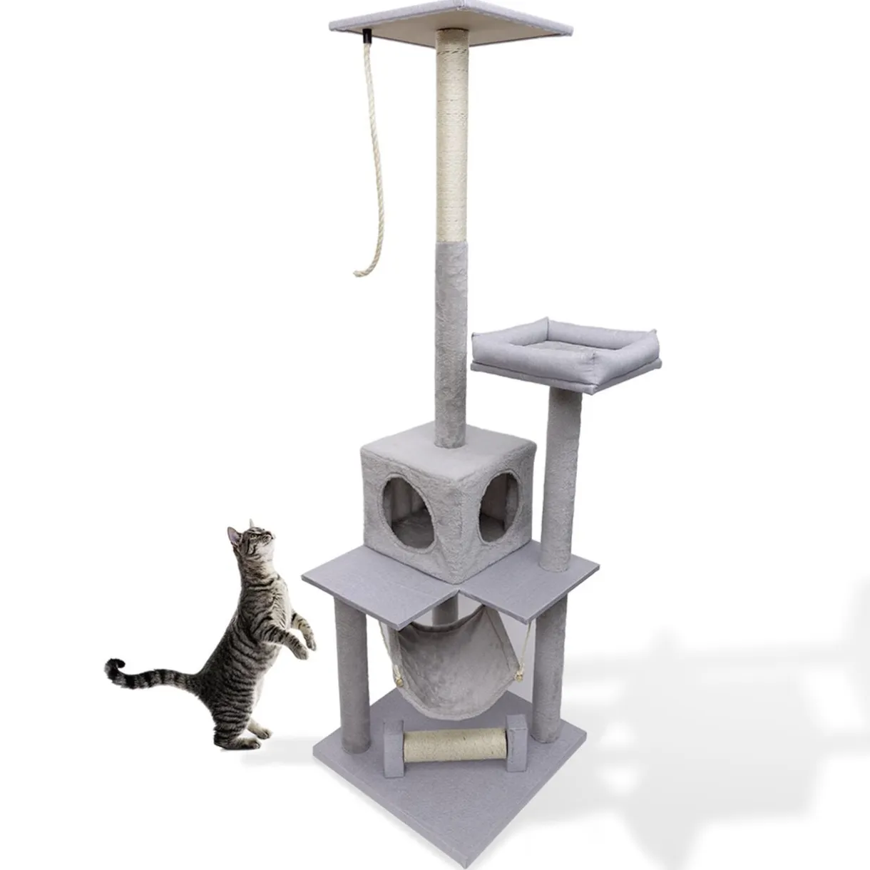 Arbre à chat XXL 4 niveaux grattoir et couchage gris H165cm < Gifi Hot