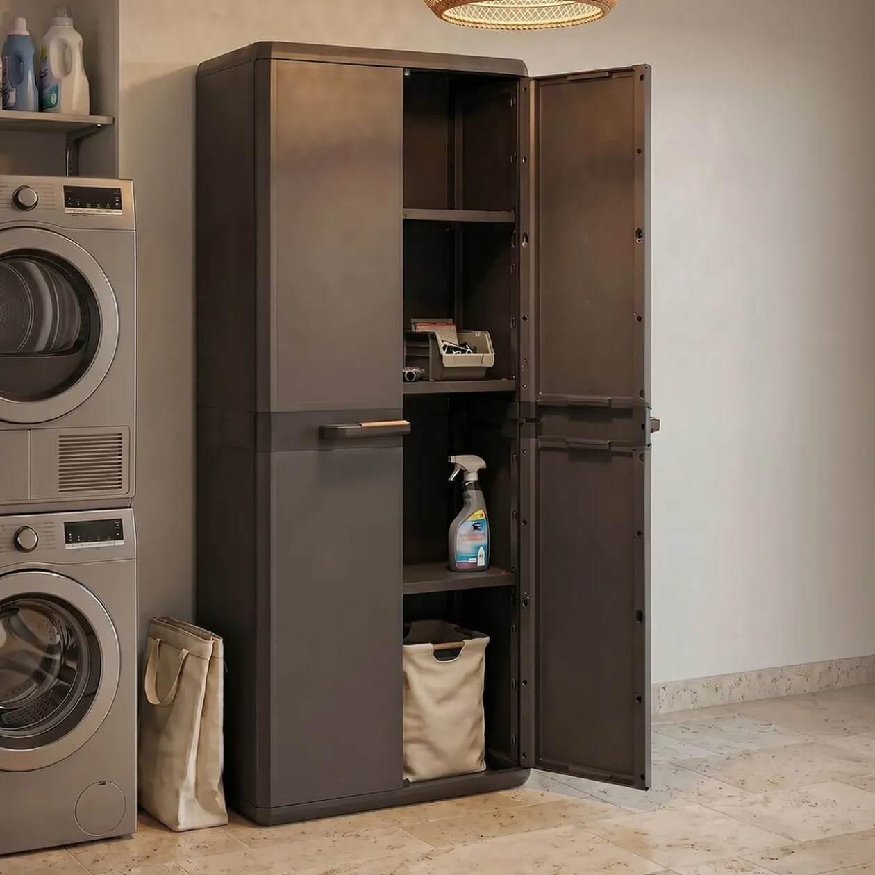 Armoire haute de garage plastique noire 3 tablettes 68x39xH166cm