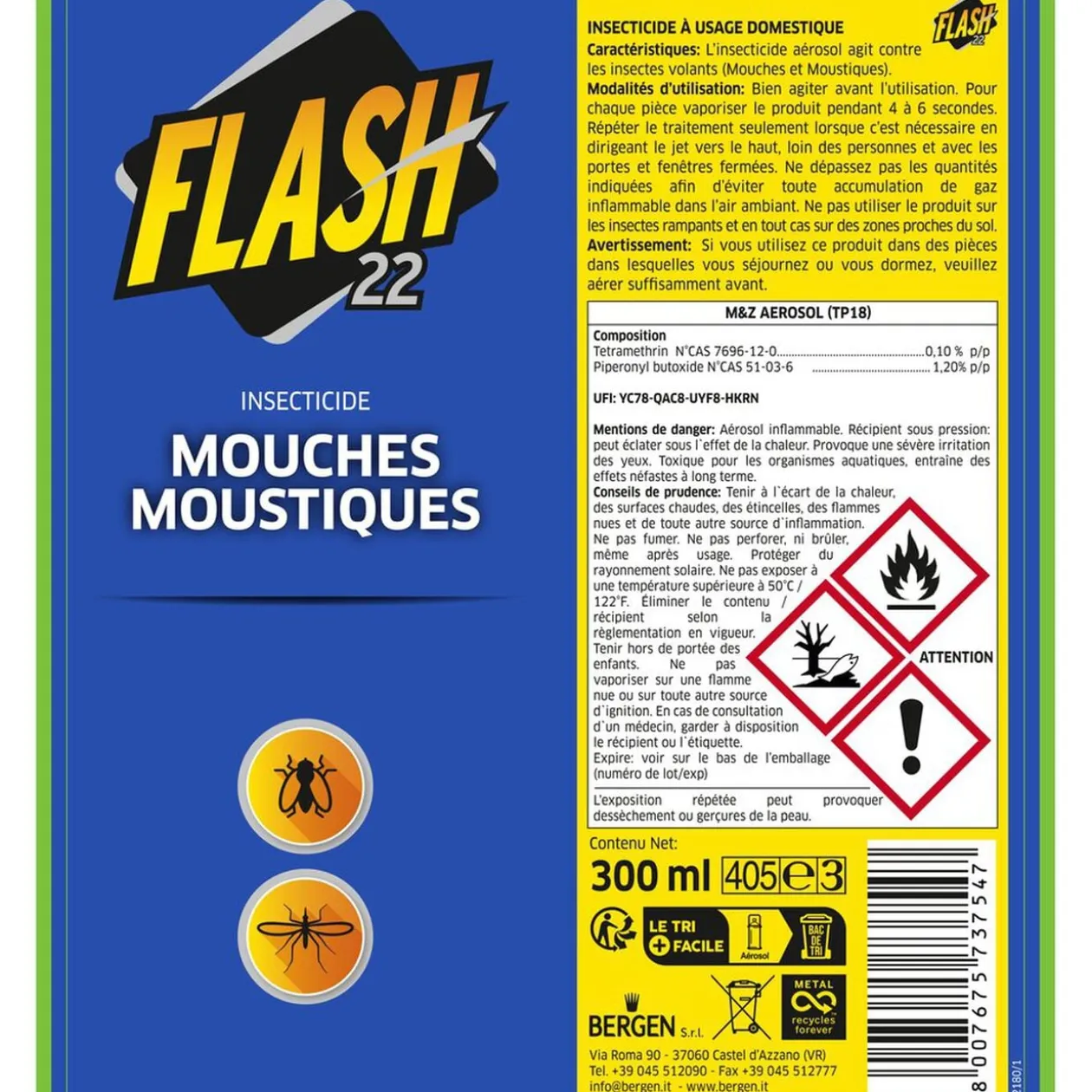 Aérosol anti volants Flash22 mouches et moustiques 300ml