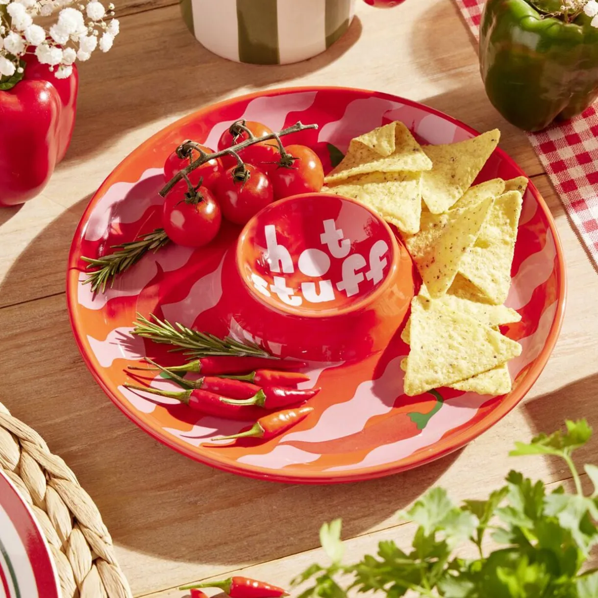 Assiette de présentation dolomite compartiment sauce motif piment Ø24cm (2 modèles) < Gifi