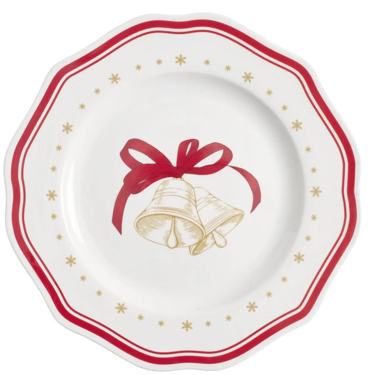 Assiette dessert imprimé boule de Noël contour vague rouge faïence Ø20 cm