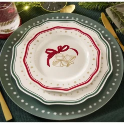 Assiette dessert imprimé boule de Noël contour vague rouge faïence Ø20 cm