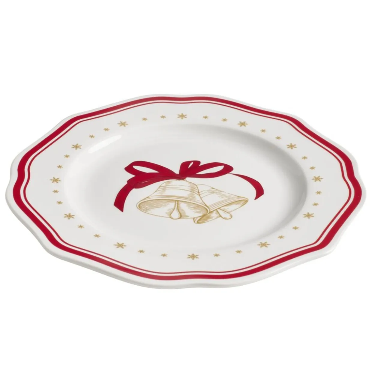 Assiette dessert imprimé boule de Noël contour vague rouge faïence Ø20 cm