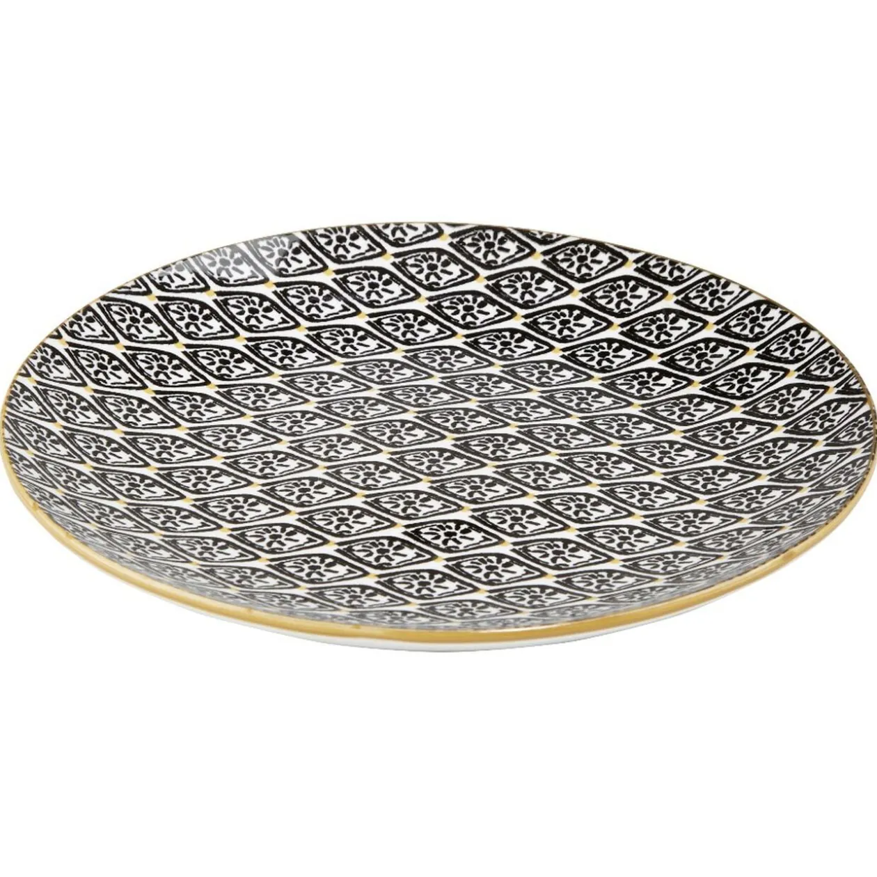 Assiette à dessert ronde Praia motif ethnique noir blanc jaune Ø19cm