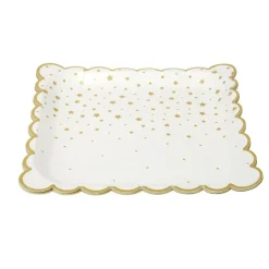 Assiette en papier X8 pcs carré bord festonné imprimé étoile 23X23XH1,5 cm blanc et doré