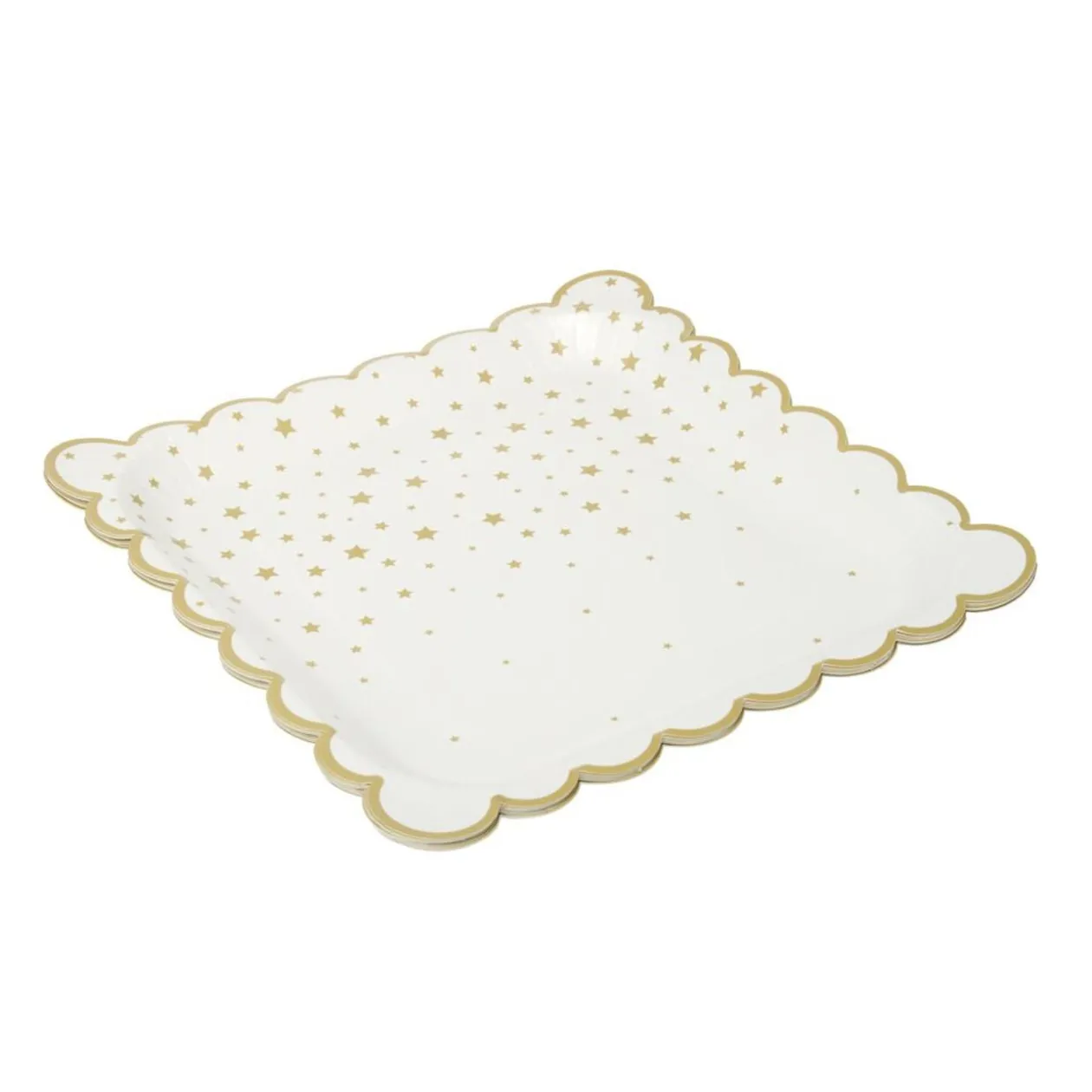 Assiette en papier X8 pcs carré bord festonné imprimé étoile 23X23XH1,5 cm blanc et doré