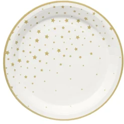Assiette en papier X8 pcs imprimé étoile Ø23XH1,5 cm blanc et doré