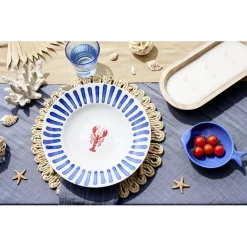 Assiette à pâtes porcelaine décor homard et traits bleus Ø26,5cm