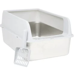 Bac à litière inox et plastique 60x40x28cm blanc et gris