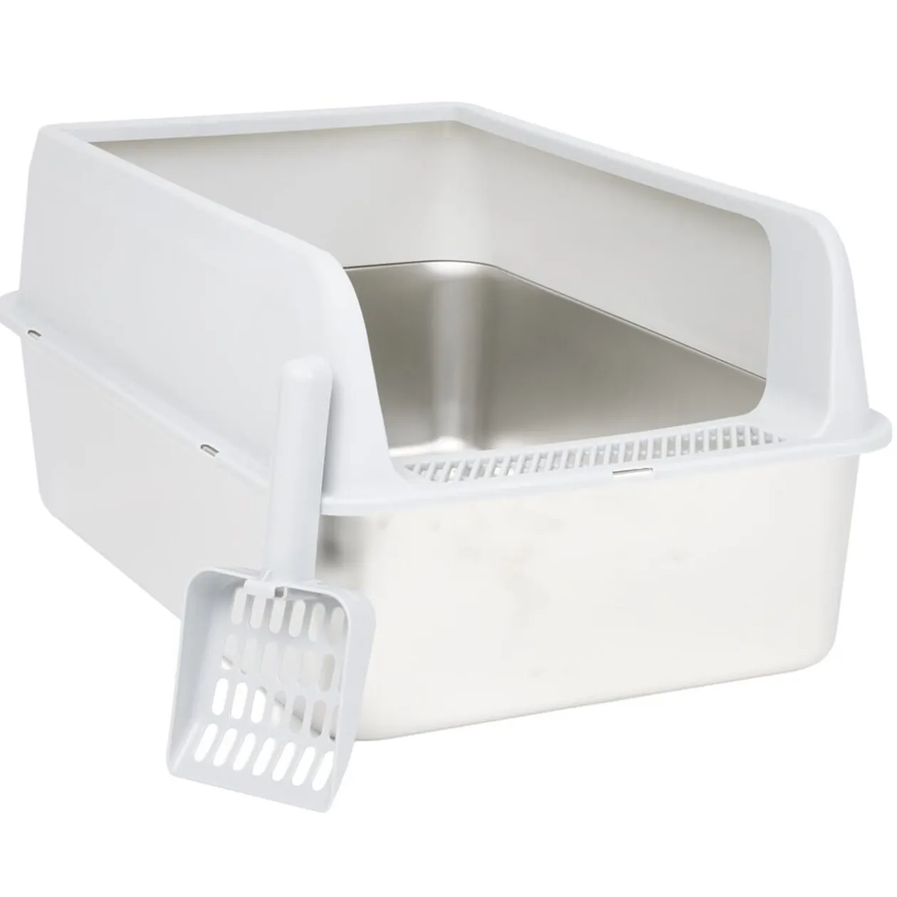Bac à litière inox et plastique 60x40x28cm blanc et gris