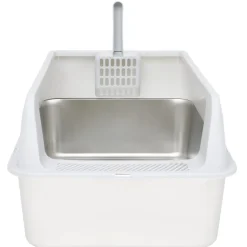 Bac à litière inox et plastique 60x40x28cm blanc et gris