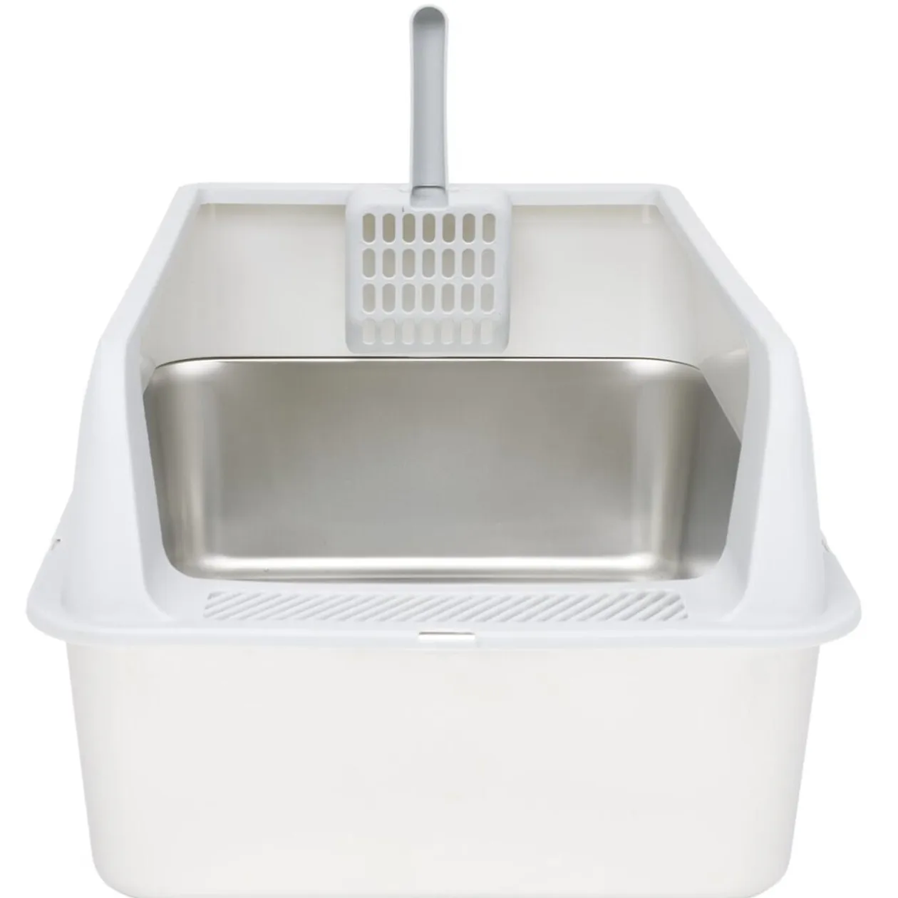 Bac à litière inox et plastique 60x40x28cm blanc et gris