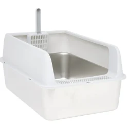 Bac à litière inox et plastique 60x40x28cm blanc et gris