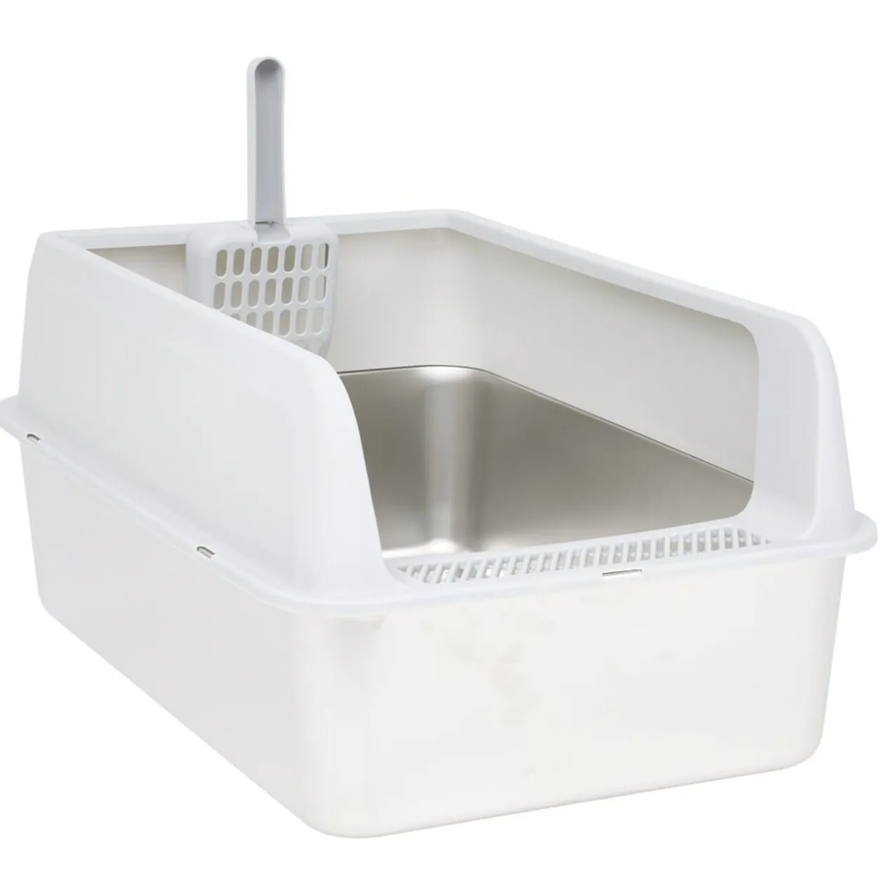 Bac à litière inox et plastique 60x40x28cm blanc et gris