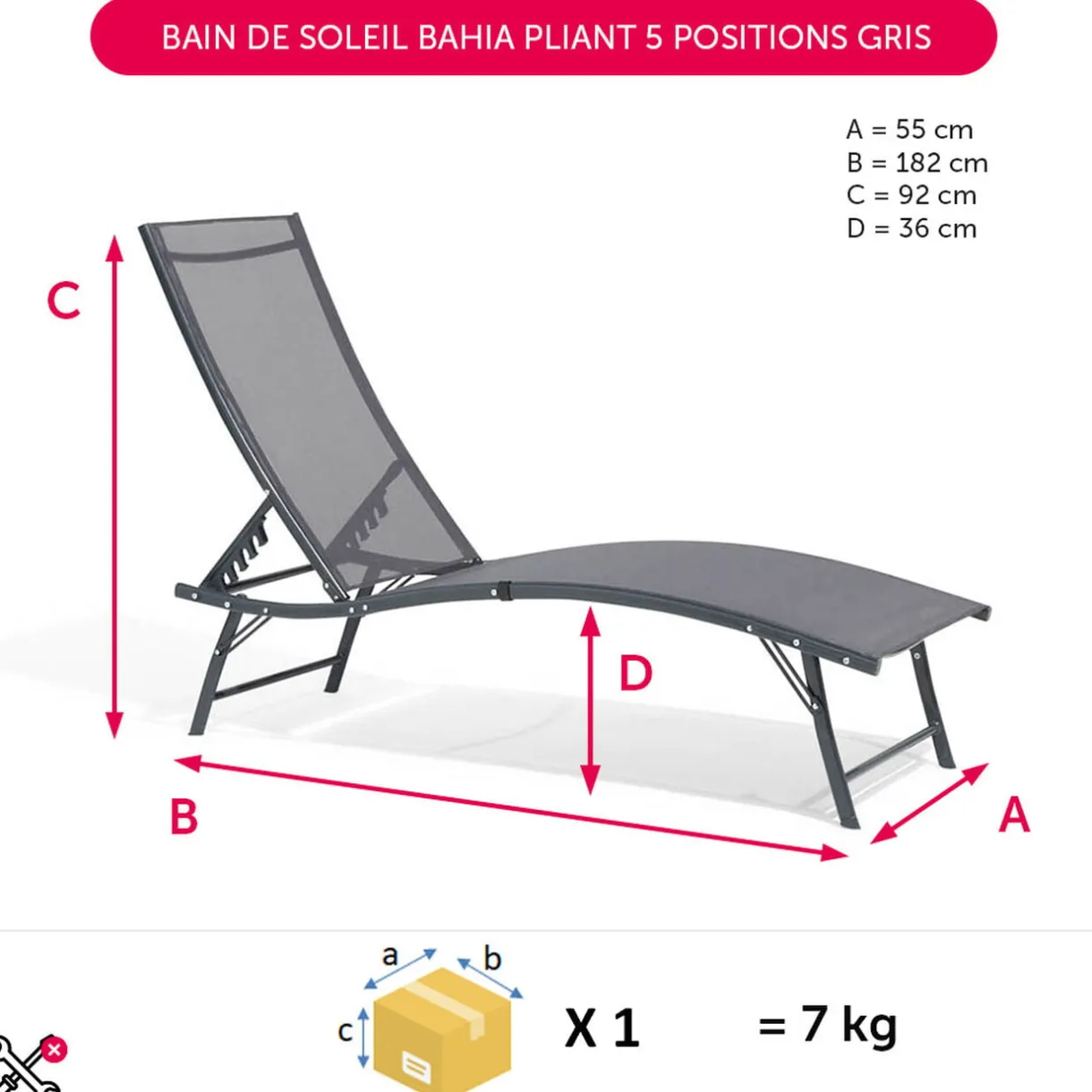 Bain de soleil Bahia pliant 5 positions gris 182x55xH34-92cm < Gifi Online