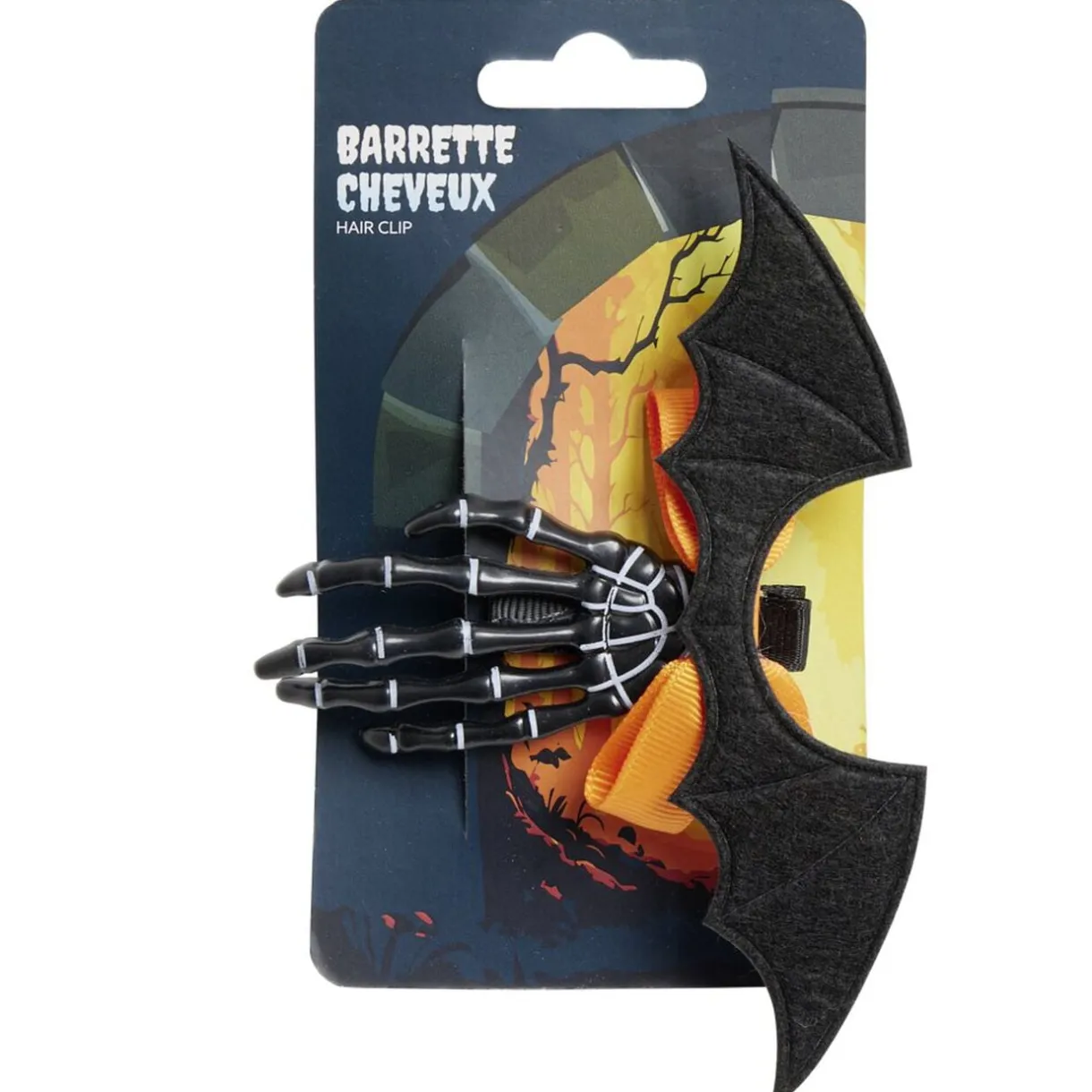 Barrette cheveux Halloween main squelette avec ailes de chauve-souris L18cm < Gifi