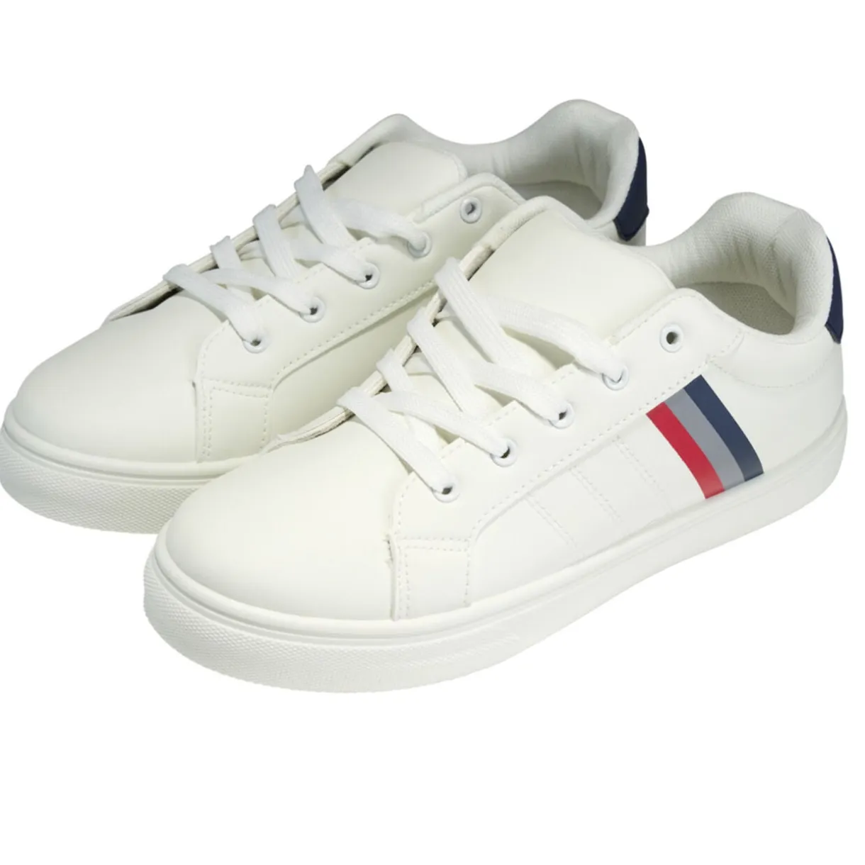Baskets unisexe simili blanc rayures rouges et bleues T36 < Gifi Outlet