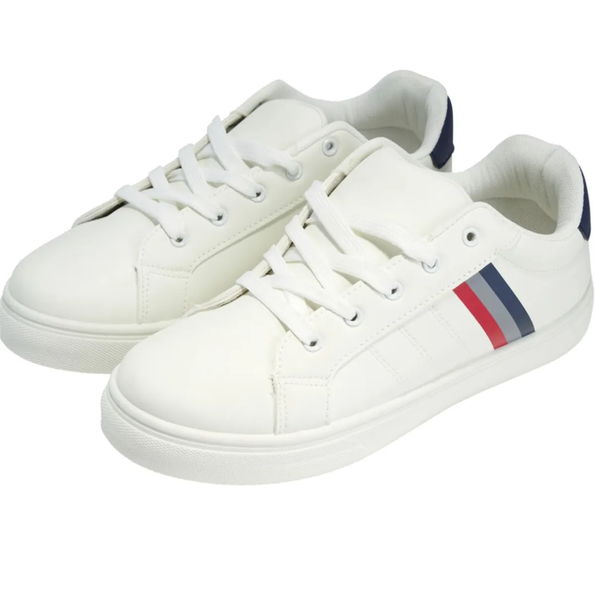 Baskets unisexe simili blanc rayures rouges et bleues T44 < Gifi