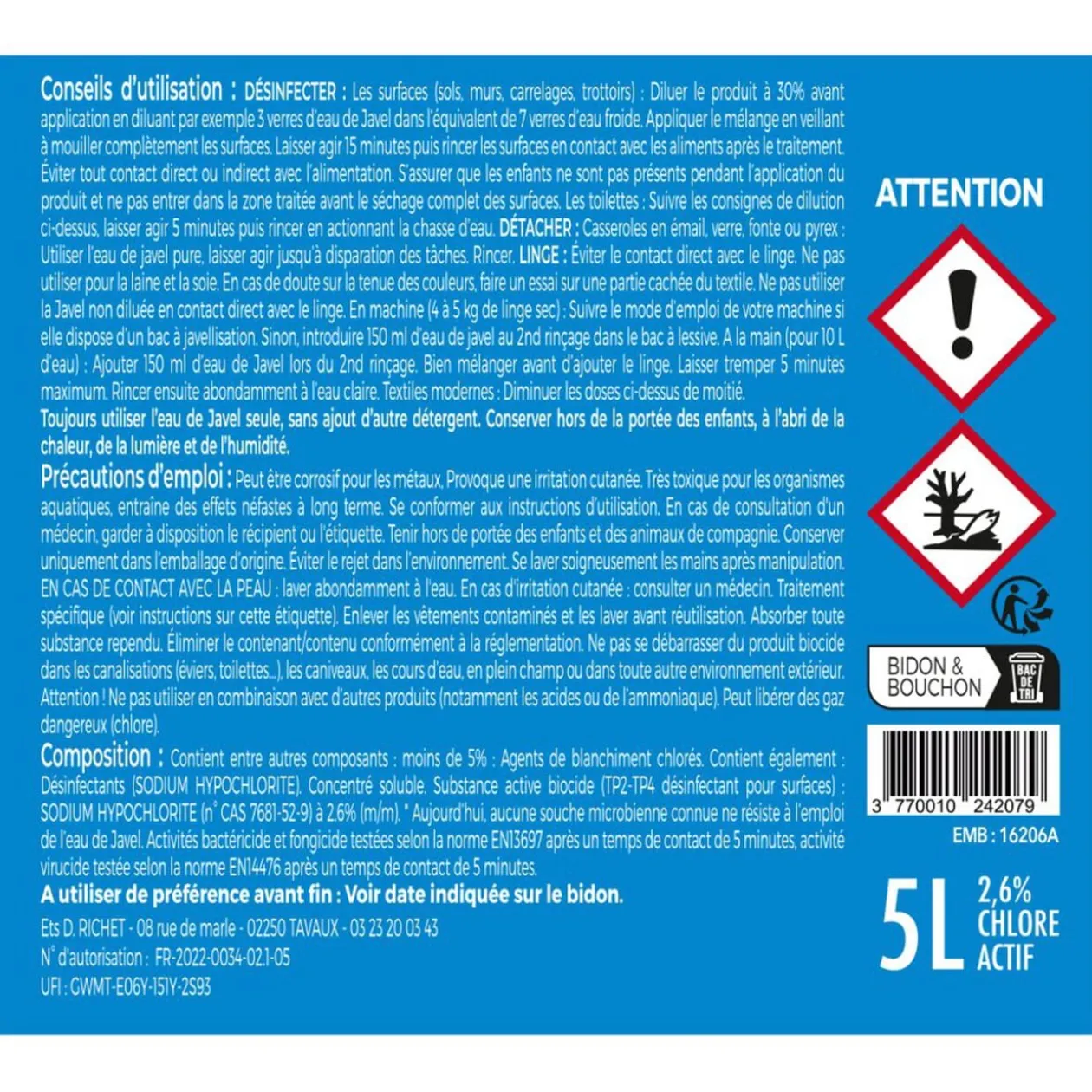 Bidon eau de javel 5L 2,6% chlore actif