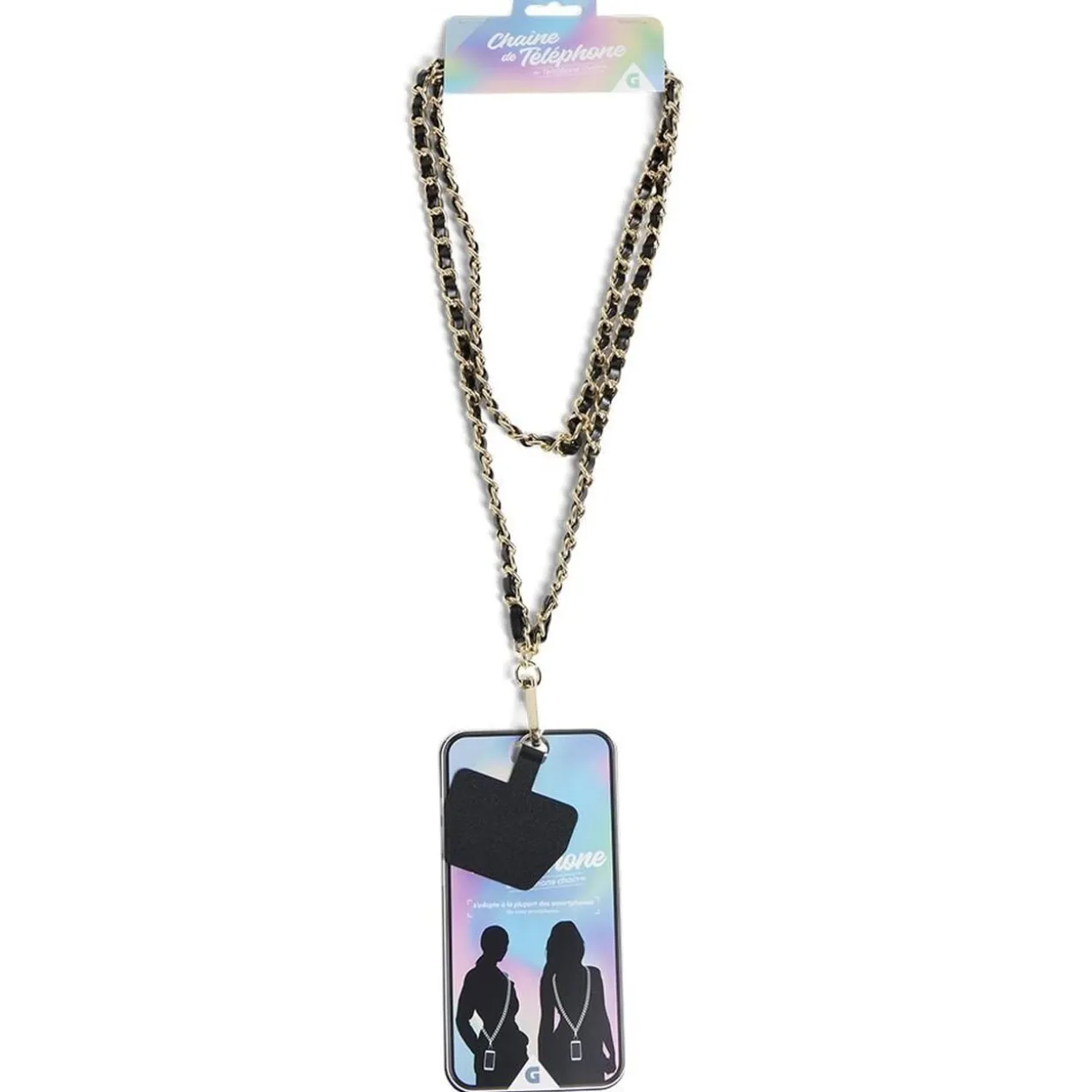 Bijou chaîne de téléphone maille en plastique noir doré L120cm