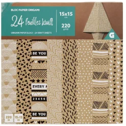 Bloc papier kraft origami marron 15x15cm - 24 feuilles 220g/m2