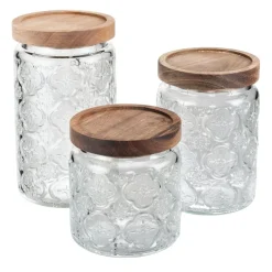 Bocal x3 verre transparent avec couvercle bois acacia 560/770/1000ml < Gifi Discount