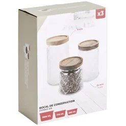 Bocal x3 verre transparent avec couvercle bois acacia 560/770/1000ml < Gifi Discount