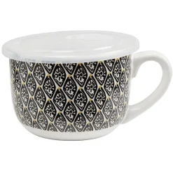 Bol jumbo couvercle transparent motif ethnique noir et jaune Ø12.5xH9cm < Gifi Hot