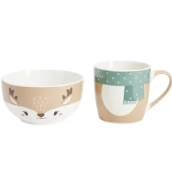 Bol 500ml avec mug 300ml renne mignon porcelaine blanc et marron < Gifi Best