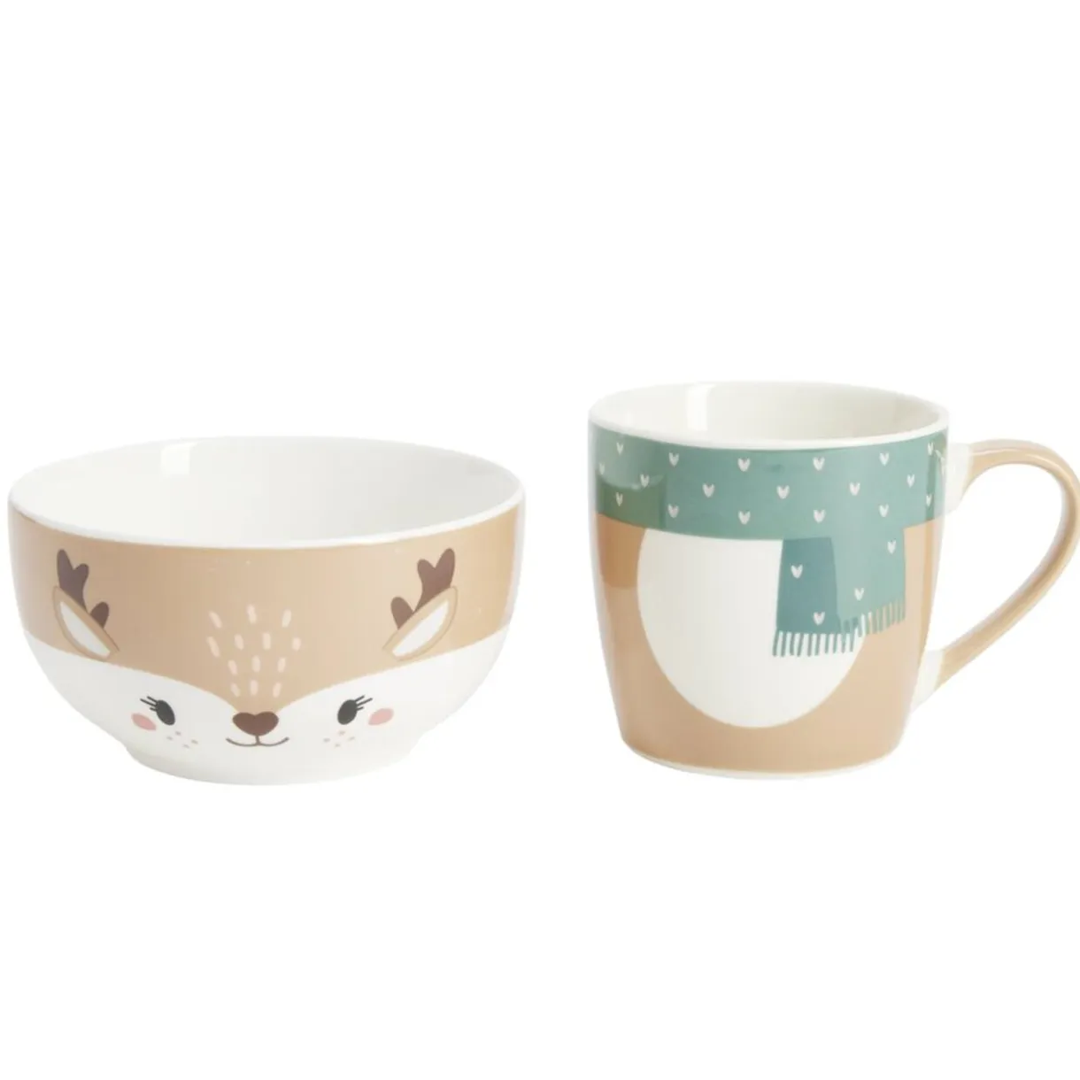 Bol 500ml avec mug 300ml renne mignon porcelaine blanc et marron < Gifi Best
