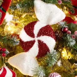 Bonbon de Noël géant brillant rouge et blanc à suspendre L25cm (2 modèles)