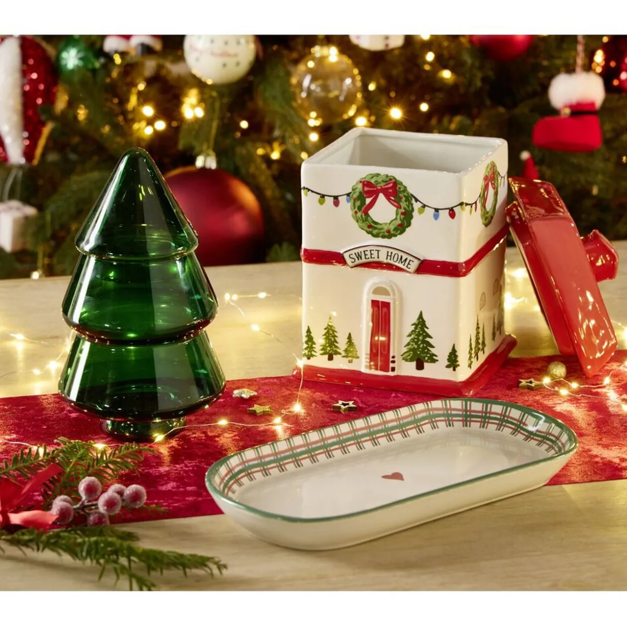 Bonbonnière forme sapin verre L13X13XH23 cm vert