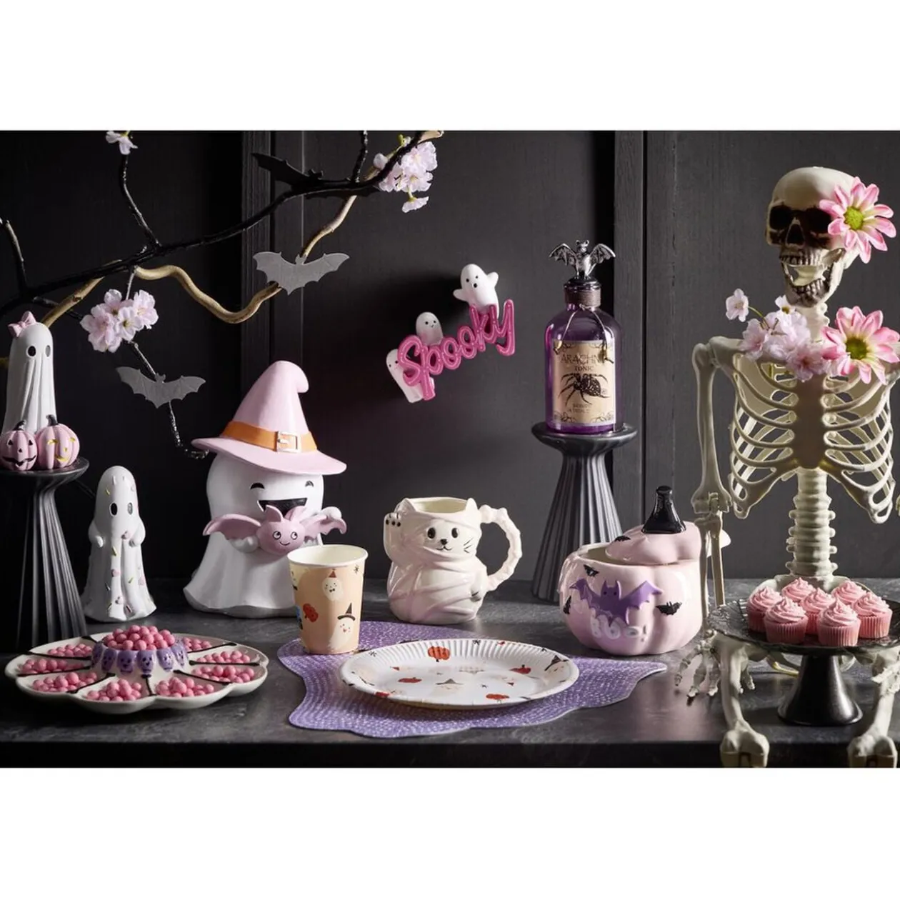 Bonbonnière Halloween 1L citrouille dolomite rose violet Ø13,5xH16cm (2 modèles orange ou rose)