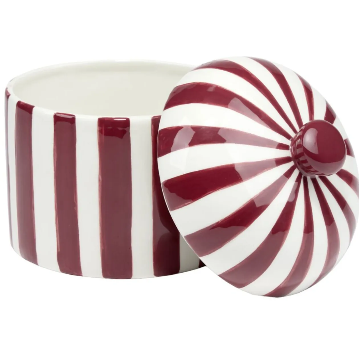 Bonbonnière ronde dolomite rayée rouge et blanc Ø12xH14cm