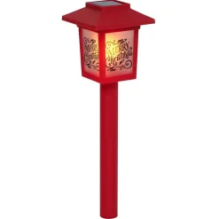 Borne solaire lanterne rouge vintage 10LED blanc chaud effet flamme H37cm (3 modèles)