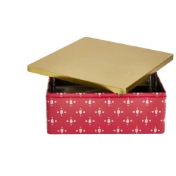 Boîte alimentaire carrée motif Noël métal rouge et dorée 26x26xH10cm