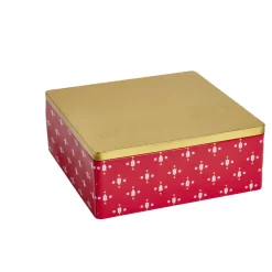 Boîte alimentaire carrée motif Noël métal rouge et dorée 26x26xH10cm
