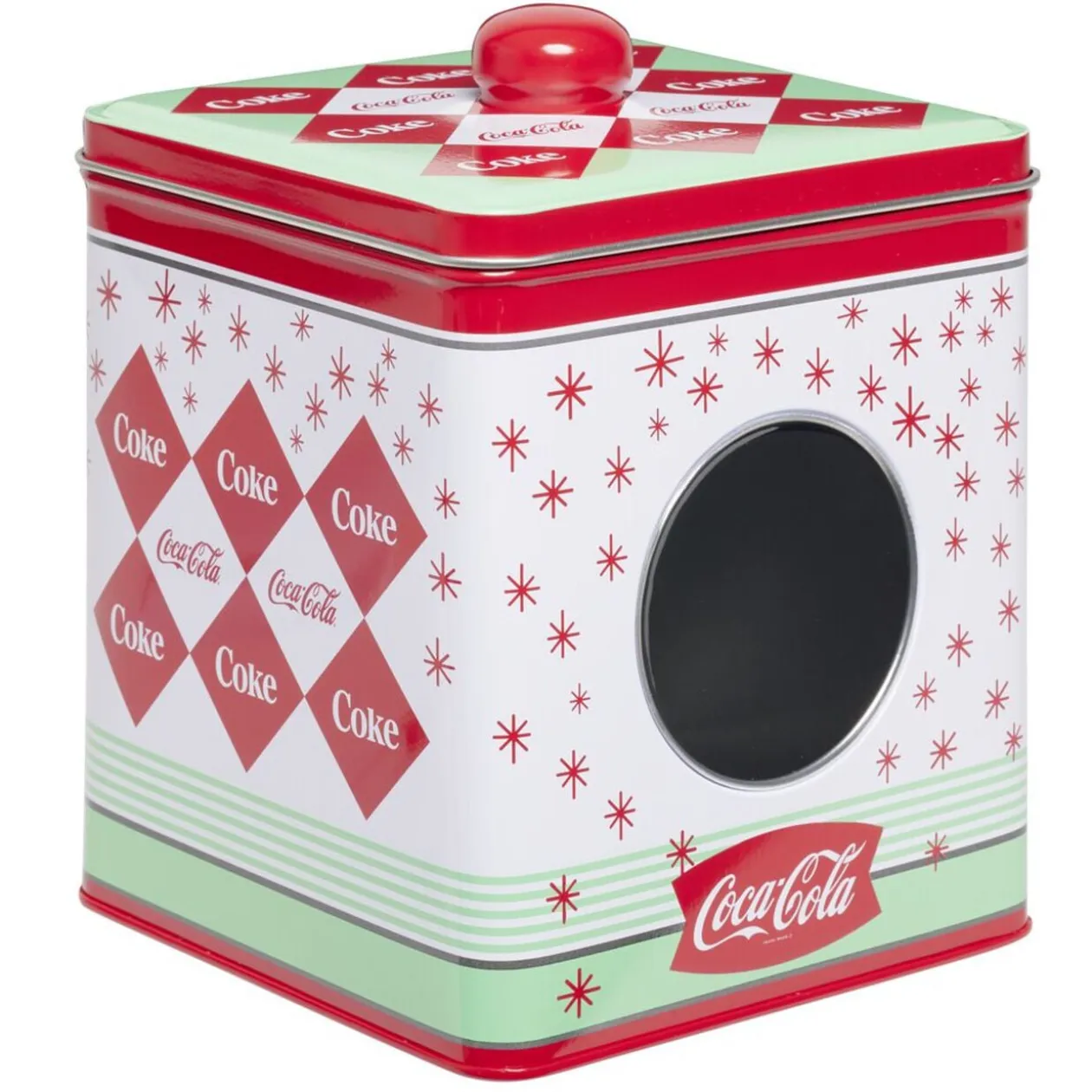 Boîte alimentaire Coca Cola carrée métal avec fenêtre H16cm (2 modèles)