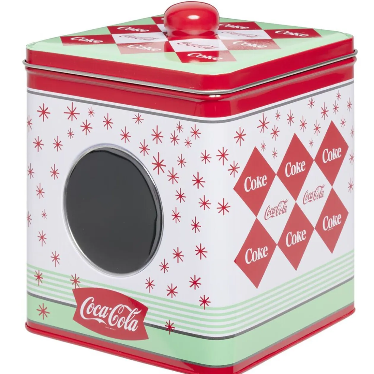 Boîte alimentaire Coca Cola carrée métal avec fenêtre H16cm (2 modèles)