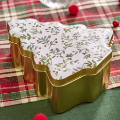 Boîte alimentaire Noël forme sapin doré motifs houx 18x14,5xH6,5cm