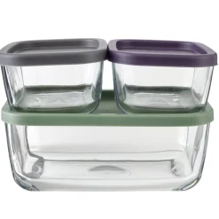 Boîte alimentaire x3 verre rectangulaire avec couvercles plastique multicolore 0,4L et 1,17L