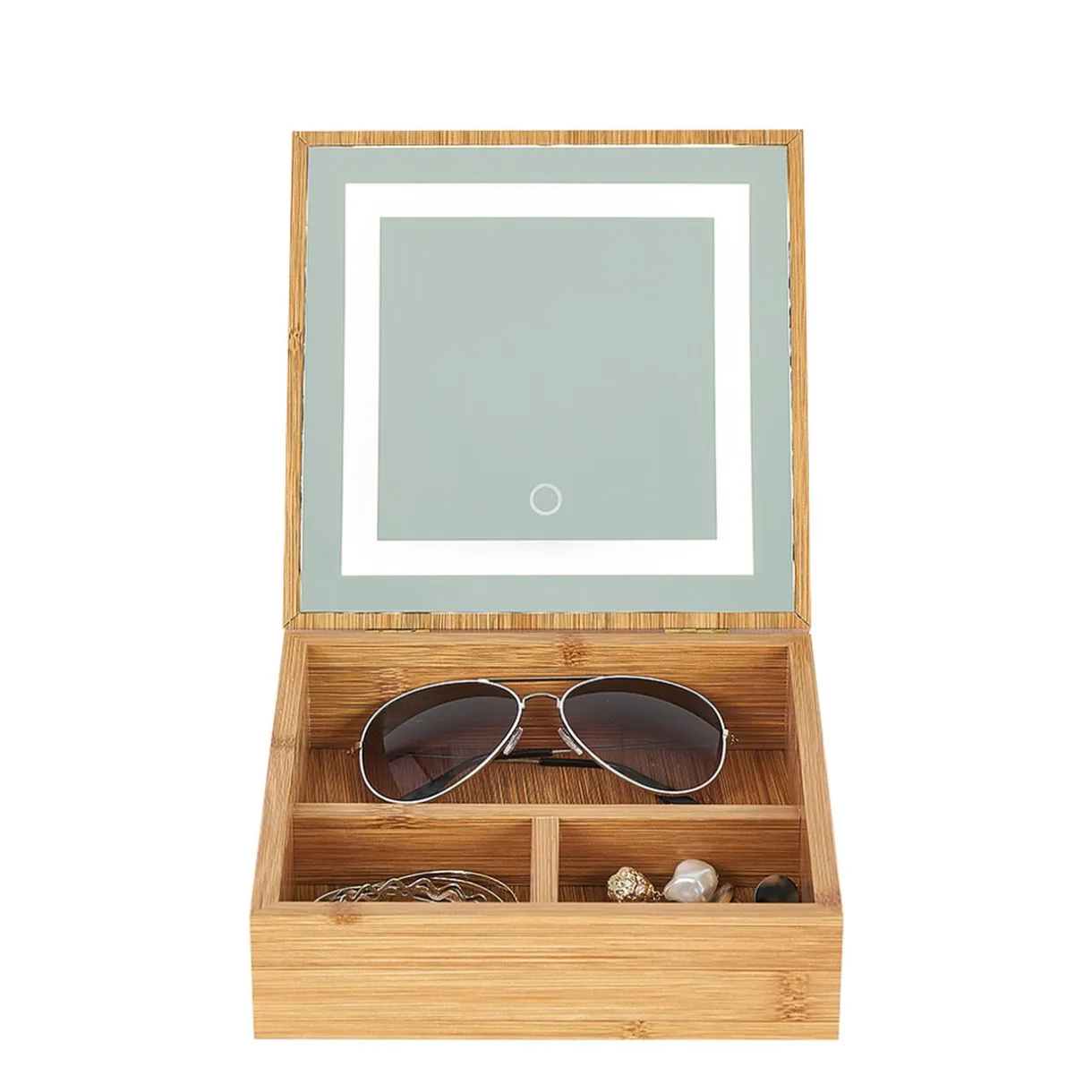 Boîte à bijoux avec miroir à led en bambou < Gifi Hot