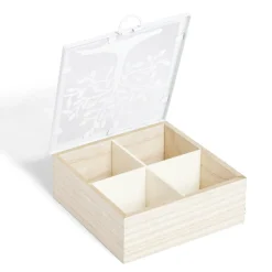 Boîte bois et métal beige et blanc motif arbre 16x16x6cm