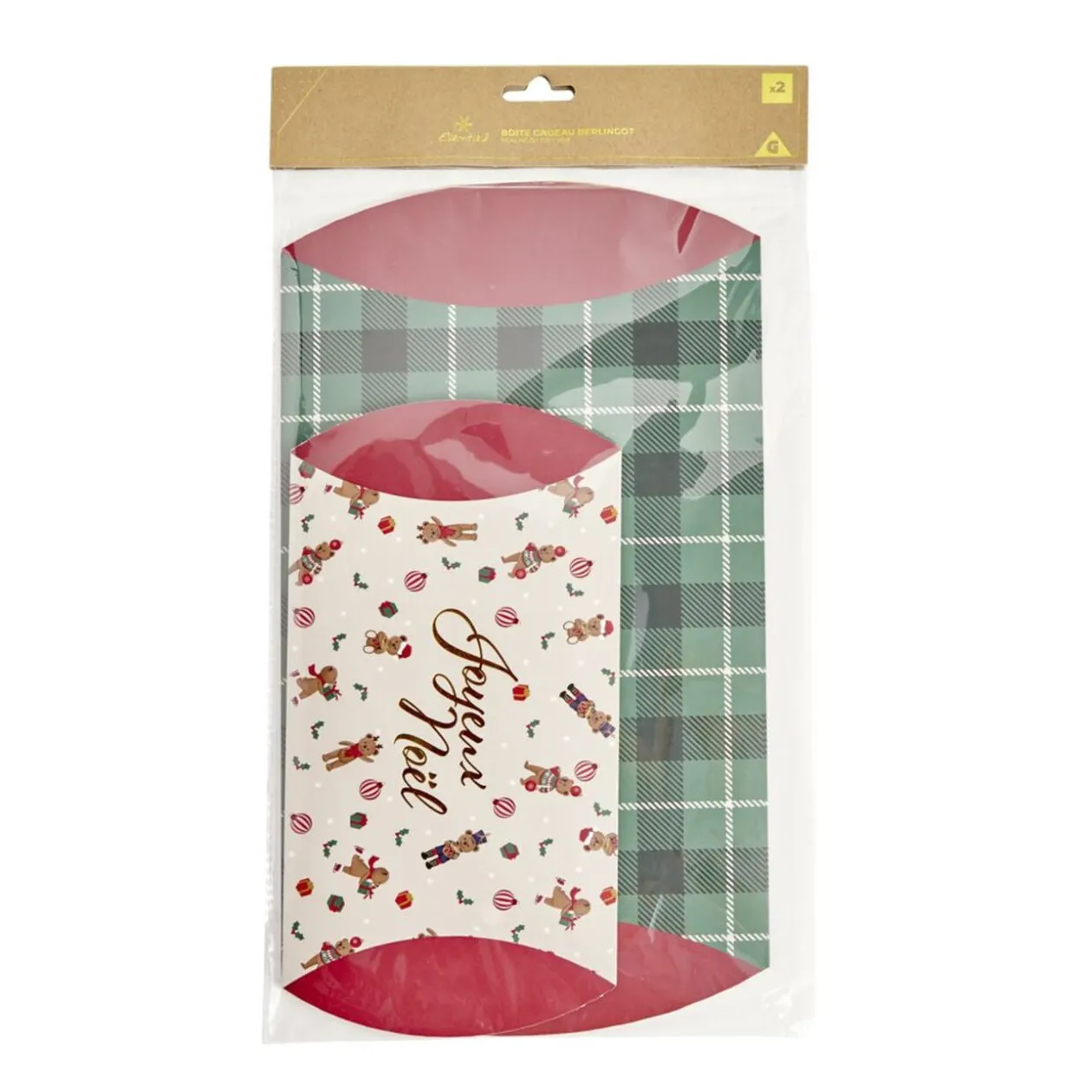 Boîte cadeau berlingot x2 fantasia Joyeux Noël 12,5x21cm et tartan 18,5x29cm