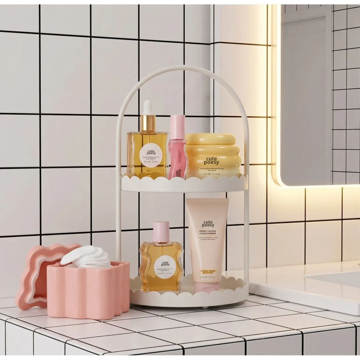 Boîte organisateur salle de bain en dolomite contour ondulé 10x10xH8cm (3 modèles)