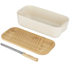 Boîte à pain 6L plastique blanc planche bambou avec couteau et sac tissu coton < Gifi New