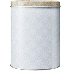 Boîte ronde en métal imprimé gris avec couvercle effet bois