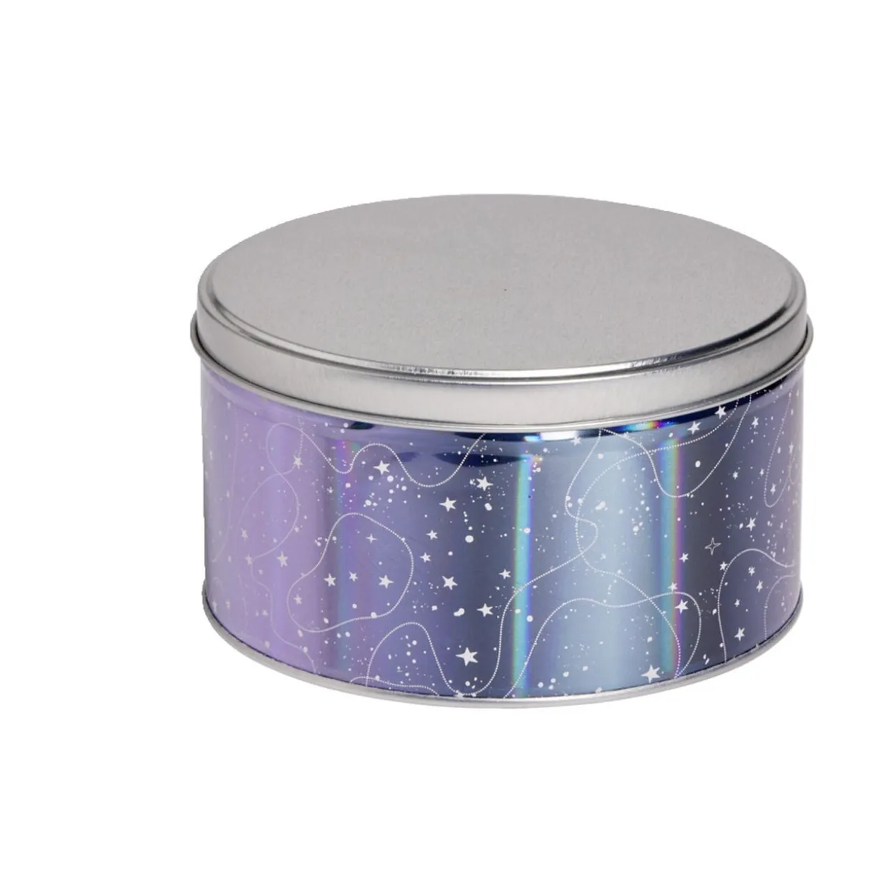 Boîte ronde en métal violet irisé et gris argenté Ø13,5xH7cm